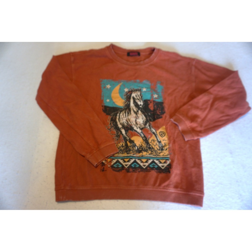 Rock and Roll Denim Kids Rust Orange Horse Graphic Thermal Shirt Size L